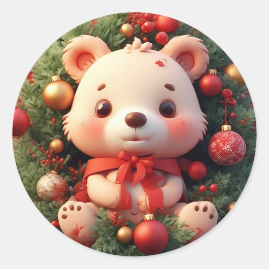Feestelijke teddybeer met cadeaus en kerstboom ronde sticker (Voorkant)