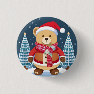 Feestelijke teddybeer met kerstmuts ronde button 3,2 cm