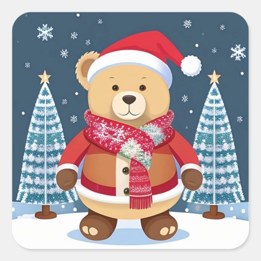 Feestelijke teddybeer met kerstmuts vierkante sticker (Voorkant)