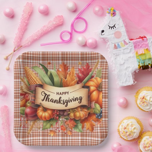 Feestelijke Thanksgiving Gingham Square Paper Bord (Feest)