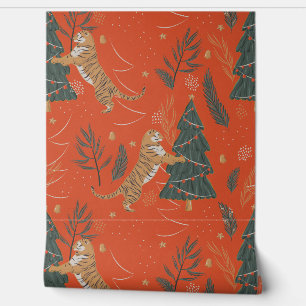 Feestelijke tijgers en kerstbomen behang