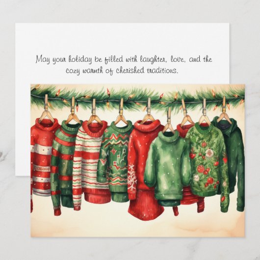 Feestelijke truien hangen aan een waslijn feestdagenkaart (Voorkant / Achterkant)