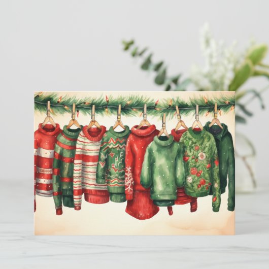 Feestelijke truien hangen aan een waslijn feestdagenkaart (Staand voorkant)