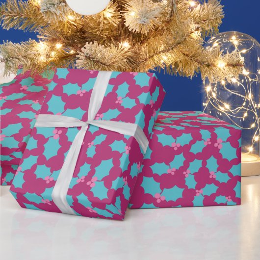 Feestelijke Turquoise & Roze Mistletoe Kerstcadeau Cadeaupapier (Feestdagen)
