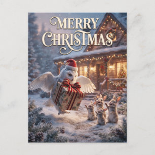 Feestelijke uil die een cadeau levert aan konijnen briefkaart