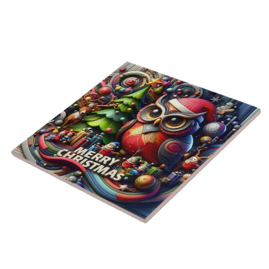 Feestelijke uil en vrienden vieren kerstvreugde tegeltje (Zijkant)