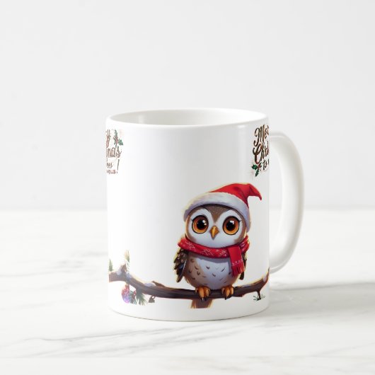 Feestelijke uil in een kerstmuts koffiemok (Voorkant rechts)