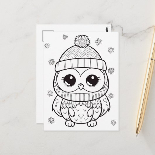 Feestelijke uil kinder kleurstof briefkaart (Voorkant / Achterkant in situ)