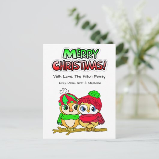Feestelijke Uil Paar knuffelen op Tak Kerstmis Feestdagenkaart (Staand voorkant)