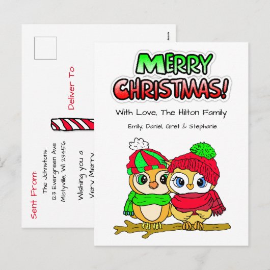 Feestelijke Uil Paar knuffelen op Tak Kerstmis Feestdagenkaart (Voorkant / Achterkant)