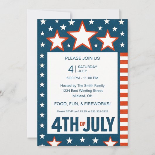 Feestelijke uitnodiging voor feest op 4 juli (Voorkant)