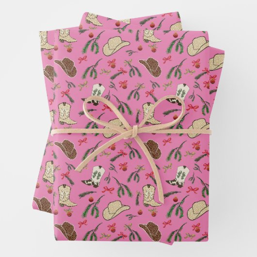 Feestelijke vakantie cowboy rodeo patroon roze inpakpapier vel (In situ)