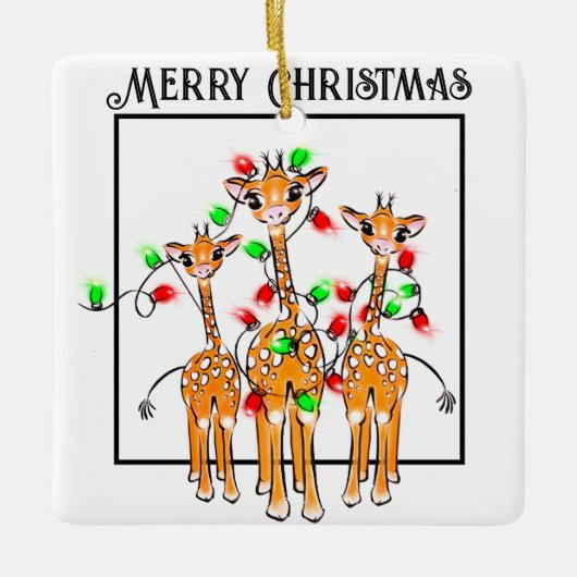 Feestelijke vakantie giraffen rood groen twinkle l keramisch ornament (Voorkant)