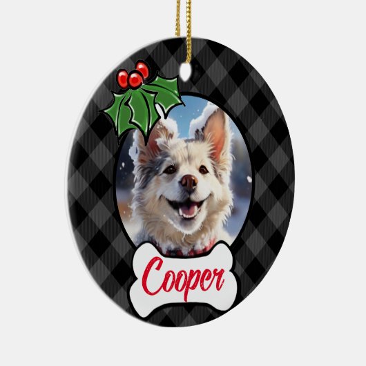 Feestelijke vakantie grijs geruite Holly bessen bl Keramisch Ornament (Rechts)