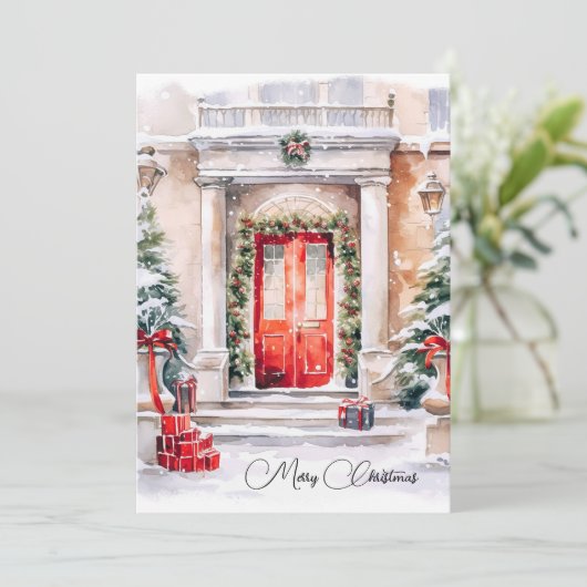 Feestelijke vakantie Rode Deur Vrolijk Kerstfeest Feestdagenkaart (Staand voorkant)