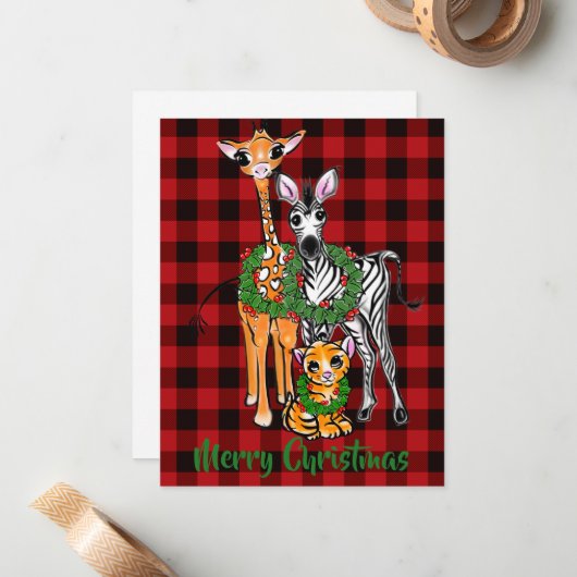 Feestelijke vakantie safari vrienden, rood zwart g notitiekaartje (Voorkant / Achterkant in situ)