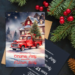 Feestelijke  Vakantie Scène Kerstfeest Kaart<br><div class="desc">Introductie van onze Christmas Party Invitation, een visueel meesterwerk dat de vreugdevolle sfeer van het vakantieseizoen belichaamt door ingewikkelde waterverf artistiek werk. Deze uitnodiging toont een betoverende vakantiescène, zorgvuldig vervaardigd met delicate waterverf streken. Een rode pick-up truck staat centraal, elegant getooid voor het seizoen, genesteld in een met sneeuw bedekt...</div>