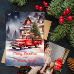 Feestelijke  Vakantie Scène Kerstmis Foto Kaart<br><div class="desc">Introductie van ons Feestelijke Holiday Scene Christmas Wenskaart, een kunstzinnig meesterwerk dat de vakantiedrang prachtig weergeeft door middel van ingewikkelde waterverf artistieke kunst. Deze kaart toont een betoverende vakantiescène, zorgvuldig vervaardigd met delicate waterverf streken. In het midden staat een rode pick-up truck in de schijnwerpers, elegant versierd voor het seizoen,...</div>