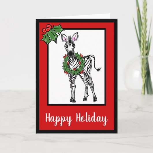 Feestelijke Vakantie schattig Zebra tekenen holly  Feestdagen Kaart (Voorkant)