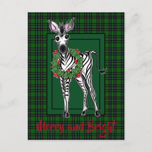 Feestelijke vakantie Zebra tekening groene plaid Briefkaart (Voorkant)