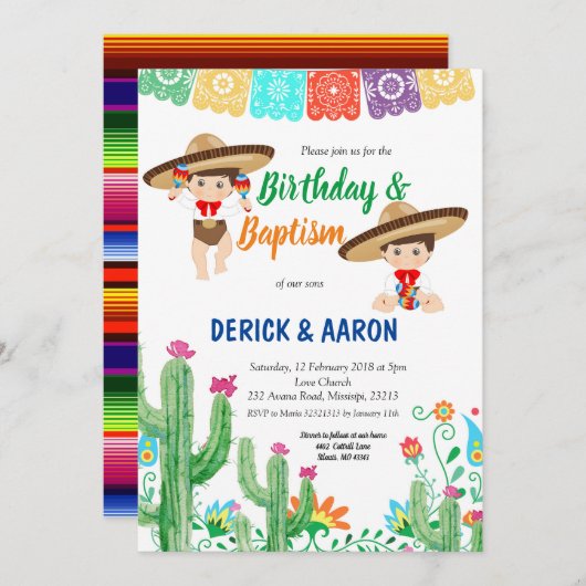 Feestelijke verjaardag en doop voor tweeling jonge kaart (Voorkant / Achterkant)