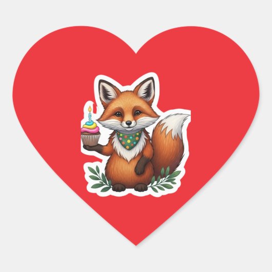 Feestelijke Verjaardag Vos met Cupcake Hart Sticker (Voorkant)