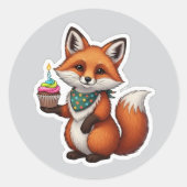 Feestelijke Verjaardag Vos met Cupcake Ronde Sticker (Voorkant)