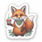 Feestelijke Verjaardag Vos met Cupcake Sticker (Voorkant)