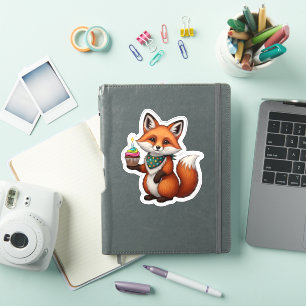 Feestelijke Verjaardag Vos met Cupcake Sticker