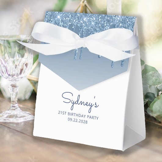 Feestelijke verjaardagsfeest blauwe glitterscript bedankdoosjes