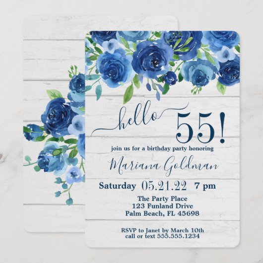Feestelijke verjaardagsfeest in Navy Blue met bloe Kaart (Voorkant / Achterkant)