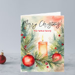 Feestelijke verlichte kerstkaars en dennentakken kaart<br><div class="desc">Verspreid feestvreugde met deze elegante kerstkaart! Met een aangestoken kaars, dennentakken, heilige bessen en feestelijke kerstballen straalt het ontwerp warmte en vreugde uit. De tekst "Merry Christmas" in cursief voegt een vleugje elegantie toe. Pas de voor- en binnenkant aan met uw eigen tekst, waardoor deze perfect is voor persoonlijke vakantiegroeten....</div>