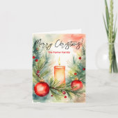 Feestelijke verlichte kerstkaars en dennentakken kaart (Voorkant)