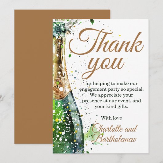 Feestelijke verlovingsfles bubbels bedankkaart (Voorkant / Achterkant)