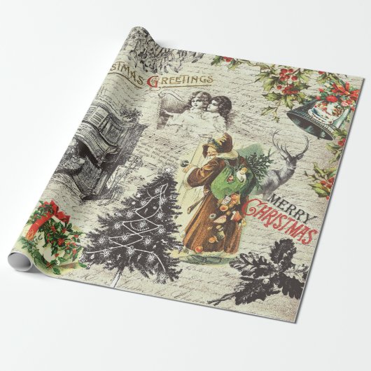 Feestelijke  Victoriaans Kerstman Cadeaupapier (Uitgerold)