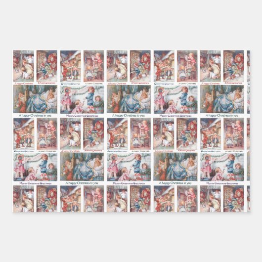 Feestelijke Victoriaans Kinderen Kerst Kaart Colla Inpakpapier Vel (Voorkant 3)