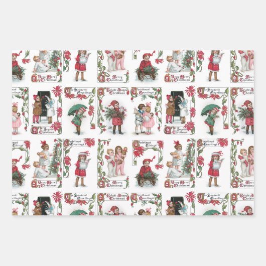 Feestelijke Victoriaans Kinderen Kerst Kaart Colla Inpakpapier Vel (Voorkant 2)