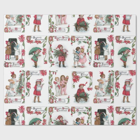 Feestelijke Victoriaans Kinderen w / Kerstmis Groe Cadeaupapier (Vlak)