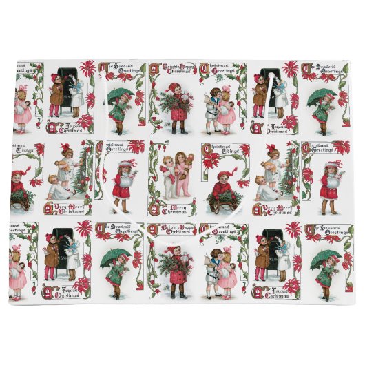 Feestelijke Victoriaans Kinderen w / Kerstmis Groe Groot Cadeauzakje (Voorkant)