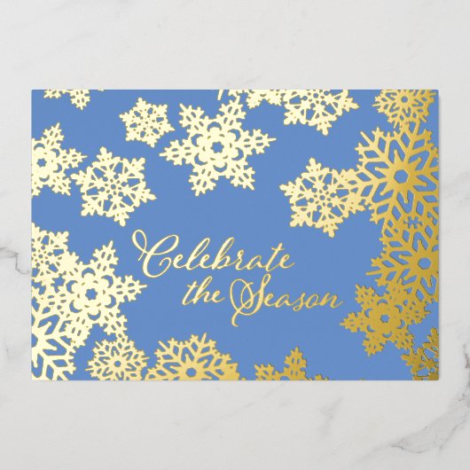 Feestelijke viering seizoen goud sneeuwvlok blauw folie feestdagenkaart (Voorkant)