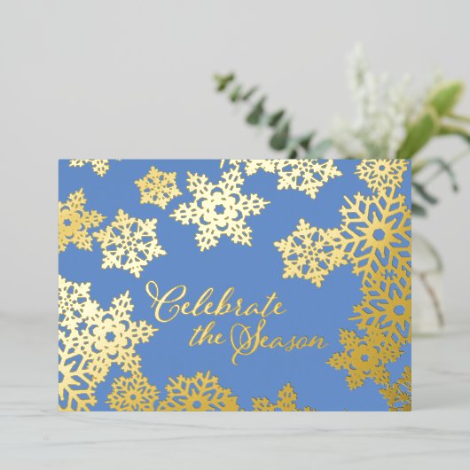 Feestelijke viering seizoen goud sneeuwvlok blauw folie feestdagenkaart (Staand Voorkant)