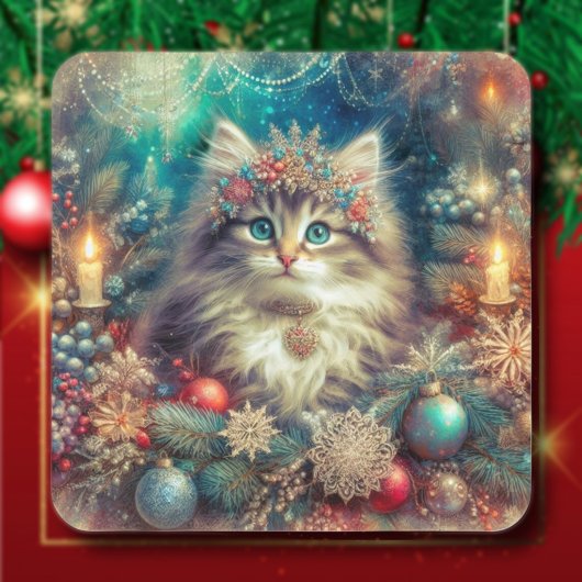 Feestelijke Vintage Christmas Kat Vierkante Sticker