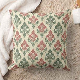 Feestelijke Vintage Damast Rood Groen Beige Kussen