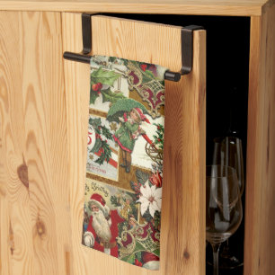 Feestelijke Vintage Kerst Ephemera Collage-Gold Theedoek