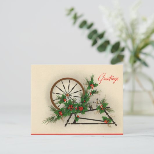 feestelijke vintage kerst spinnewiel briefkaart (Staand voorkant)