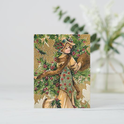 feestelijke vintage kerstdame briefkaart (Staand voorkant)
