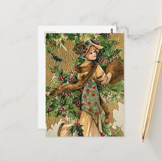 feestelijke vintage kerstdame briefkaart (Voorkant / Achterkant in situ)