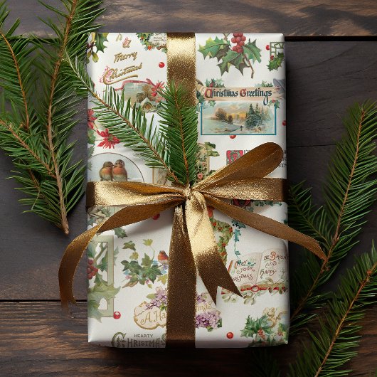 Feestelijke vintage Kerstgroeten Collage-Ecru Cadeaupapier