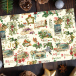 Feestelijke vintage Kerstgroeten Collage-Ecru Tissuepapier<br><div class="desc">Feestelijke,  leuke en unieke vakantie naadloze patroon met  vrolijke kerstgroeten in decoratief schrift met traditionele bloemversieringen,  waaronder hulst,  linten,  engelen,  winterlandschap vignetten,  vogels en rode bessen. Ecru achtergrond.</div>