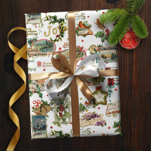 Feestelijke vintage Kerstgroeten Collage-White Cadeaupapier